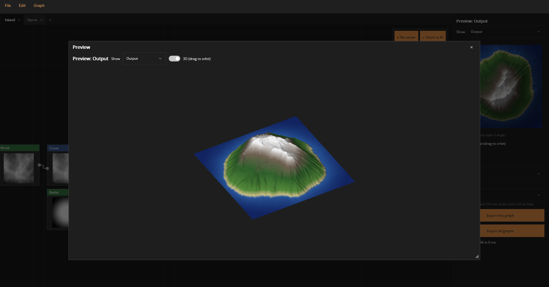 3D preview of an eroded island generated in OroGraph
