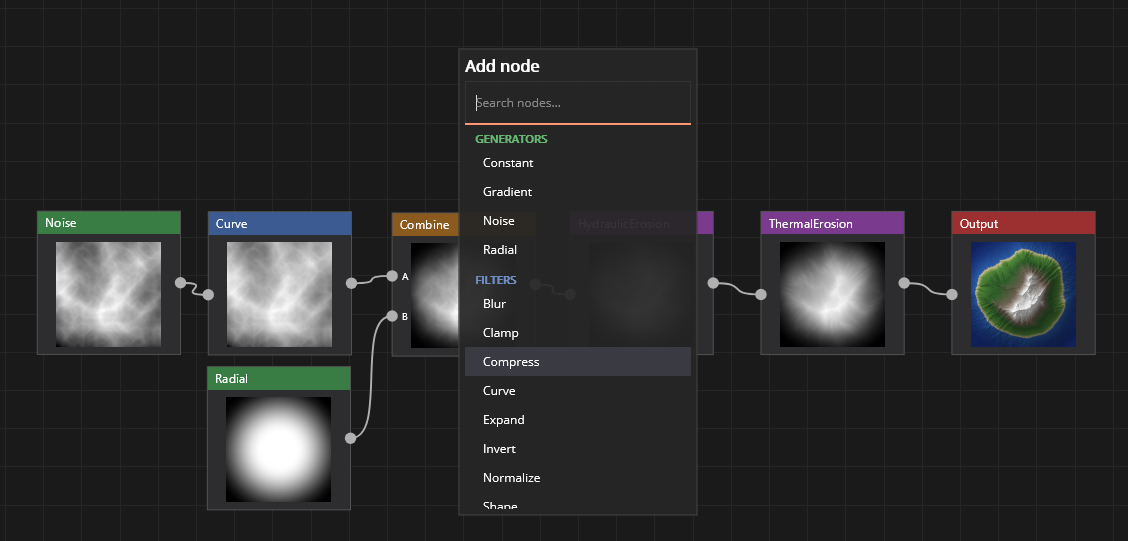 The searchable add-node menu, grouped by category