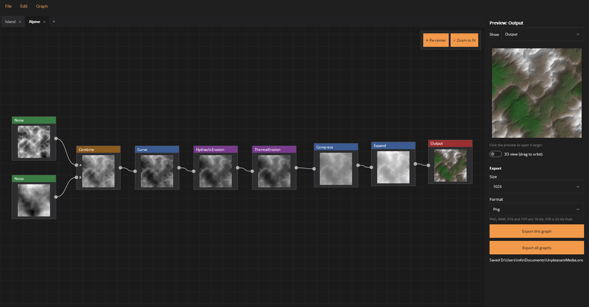 The OroGraph node editor with a graph of noise, erosion and output nodes, and a terrain preview in the sidebar